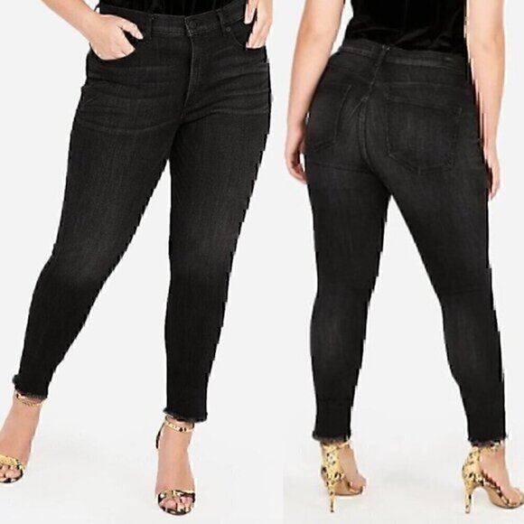 EXPRESS Stretch+ Denim Perfect High Rise Legging Black High Waisted Raw Hem 0 - Picture 1 of 13